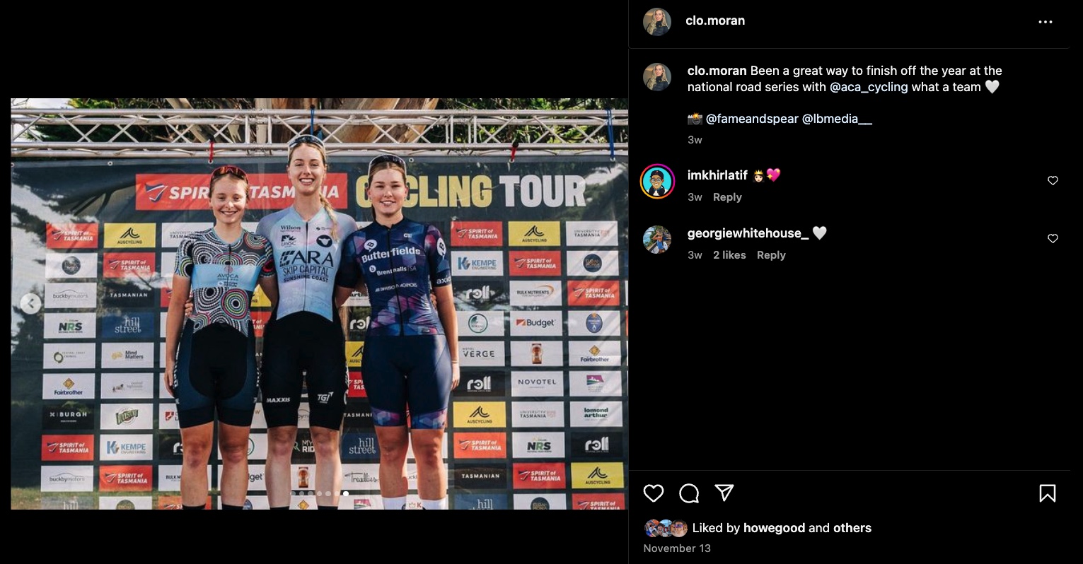 A screengrab of an Instagram post showing Chloe Moran on the podium after a stage of the Tour of Tasmania.