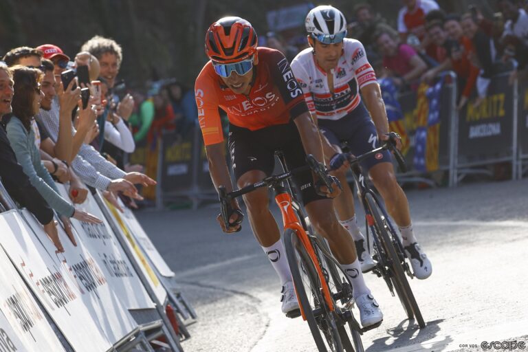 Egan Bernal leads Mikel Landa on a climb at the 2024 Volta Catalunya.
